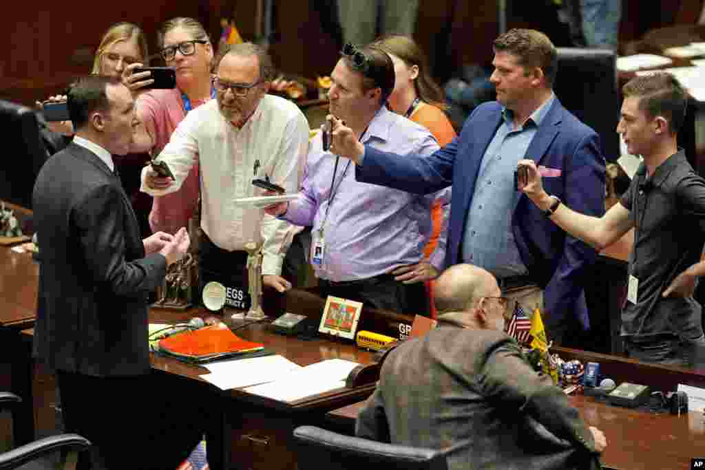 Arizona state Rep. Matt Gress, R-Phoenix, speaks to reporters on the House floor at the Capitol, April 10, 2024, in Phoenix.&nbsp;The Arizona Supreme Court ruled that the state can enforce its long-dormant law criminalizing all abortions except when a mother&#39;s life is at stake.&nbsp;