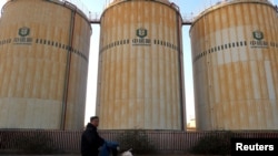 FILE - A man cycles past storage facilities of China's state grain stockpiler Sinograin near Tianjin port, Dec. 12, 2019.