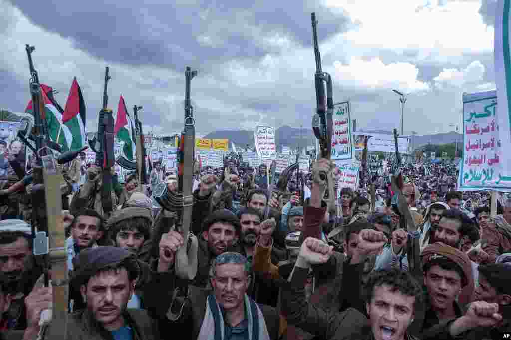 Houthi supporters protest marking Jerusalem Day in support of Palestinians in the Gaza Strip, in Sanaa, Yemen.