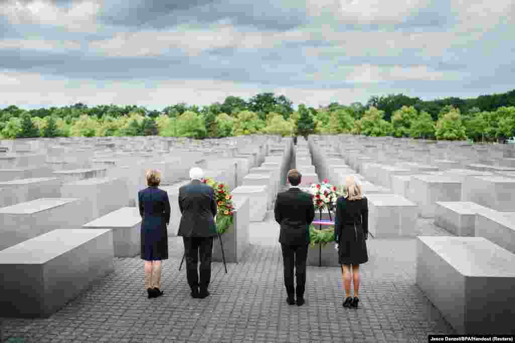 French President Emmanuel Macron, German President Frank-Walter Steinmeier and first ladies Brigitte Macron and Elke Buedenbender visit Berlin&#39;s Holocaust Memorial dedicated to the six million Jews murdered by the Nazis, in Berlin.