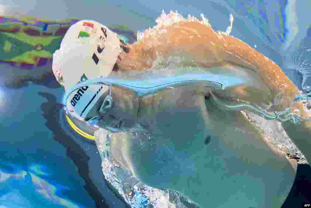 Mexico&#39;s Jorge Andres Iga competes in the men&#39;s 100m butterfly heat 2 swimming event of the Pan American Games Santiago 2023, at the Aquatics Centre in the National Stadium Sports Park in Santiago, Chile.