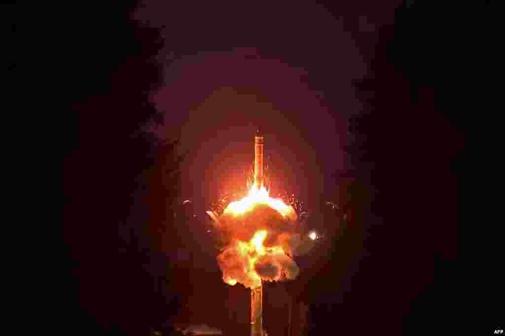 This video grab from a handout footage released by the Russian Defence Ministry press service shows the firing of a Yars intercontinental ballistic missile from the Plesetsk cosmodrome in the Russian north during a training exercise of the forces and equipment of ground, sea and air components of nuclear deterrent forces.&nbsp;