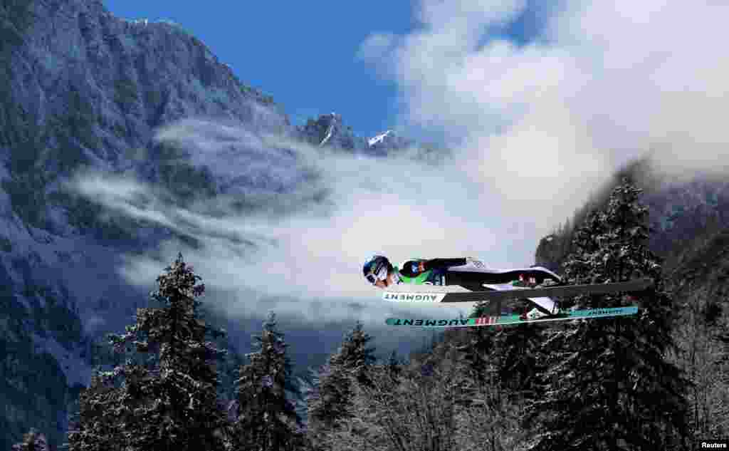 Austria&#39;s Daniel Tschofenig competes during the men&#39;s individual ski jumping of the FIS Ski Jumping World Cup in Planica, Slovenia.