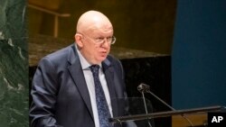 俄罗斯常驻联合国代表涅边贾在联合国大会的一次紧急会议上发言。(2022年2月28日)