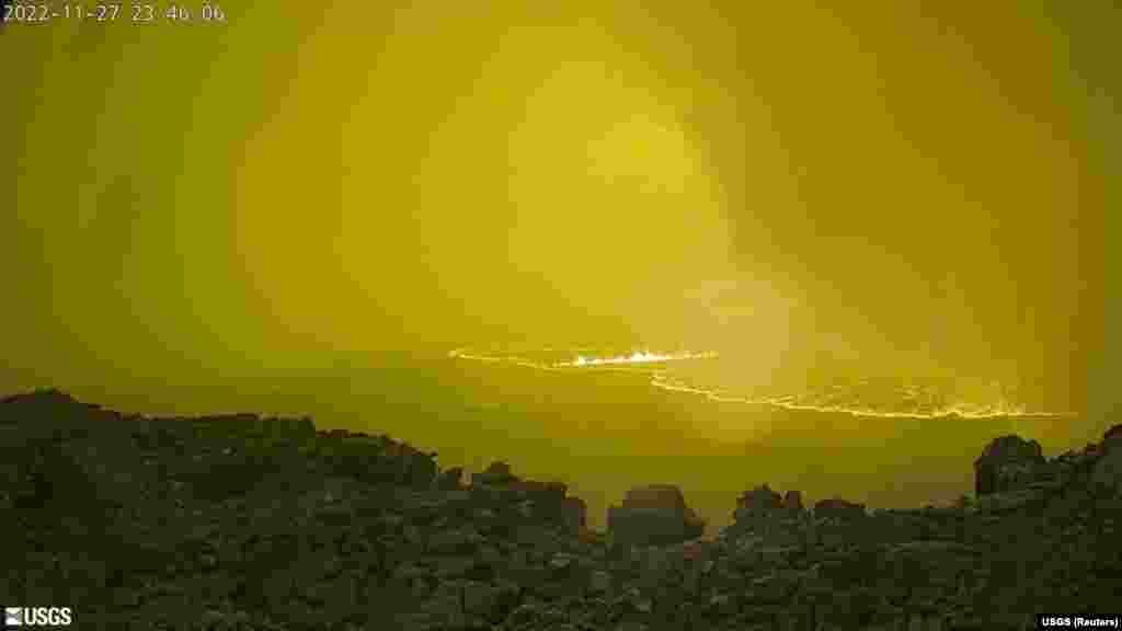 Lava is seen at Mauna Loa&#39;s summit region during an eruption as viewed by a remote camera of the U.S. Geological Survey in Hawaii.