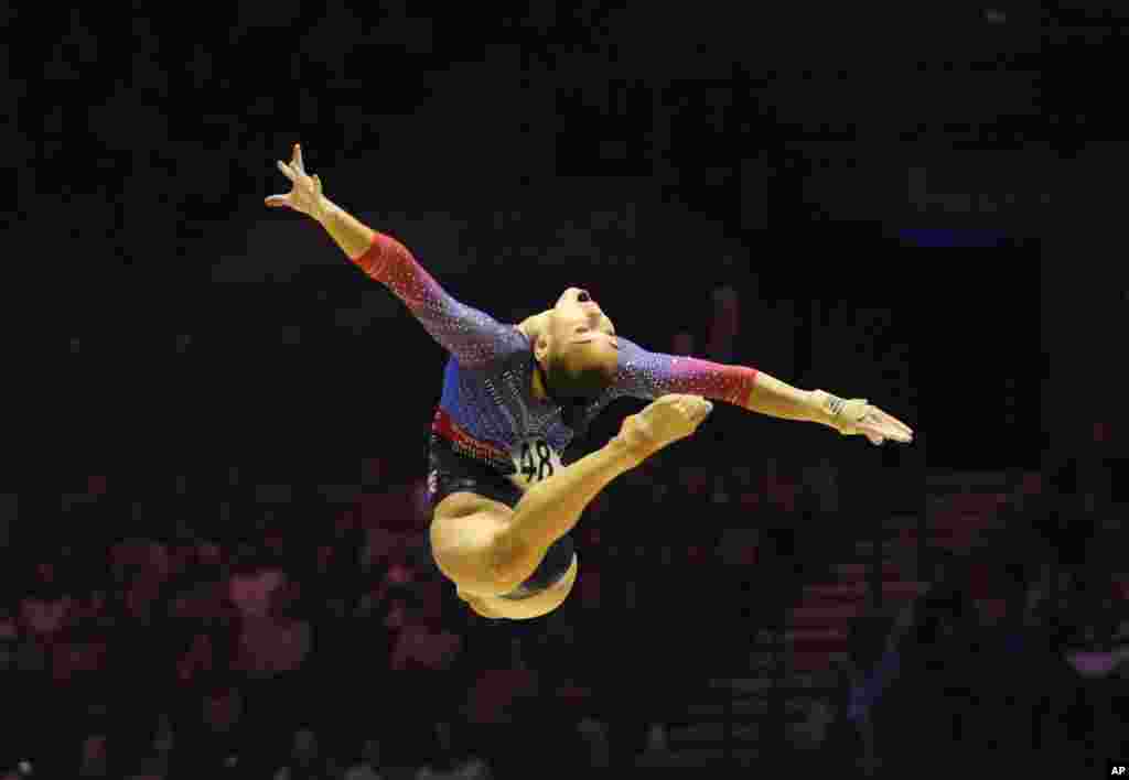 Britain&#39;s Jessica Gadirova competes in the floor exercise finals during the Artistic Gymnastics World Championships at M&amp;S Bank Arena in Liverpool, England.