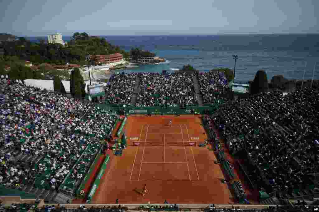 Serbia&#39;s Novak Djokovic returns the ball to Spain&#39;s Alejandro Davidovich Fokina during their second round match at the Monte-Carlo Masters tennis tournament in Monaco.