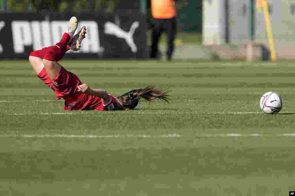Serbia&#39;s Milica Mijatovic falls during the Women&#39;s World Cup Group H qualifying soccer match between Serbia and Germany at Sports Center of FA of Serbia stadium in Stara Pazova, near Belgrade, Serbia.
