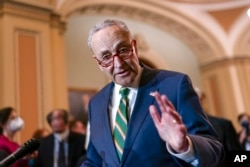 FILE - Senate Majority Leader Chuck Schumer, D-N.Y., meets with reporters at the Capitol, April 5, 2022.