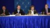 From left, the U.S. Carter Center election observation mission, Bhojraj Pokharel, Jason Carter, Mary Robinson and Jonathan Stonestreet, speak to reporters in Yangon, Myanmar, Nov. 10, 2015.