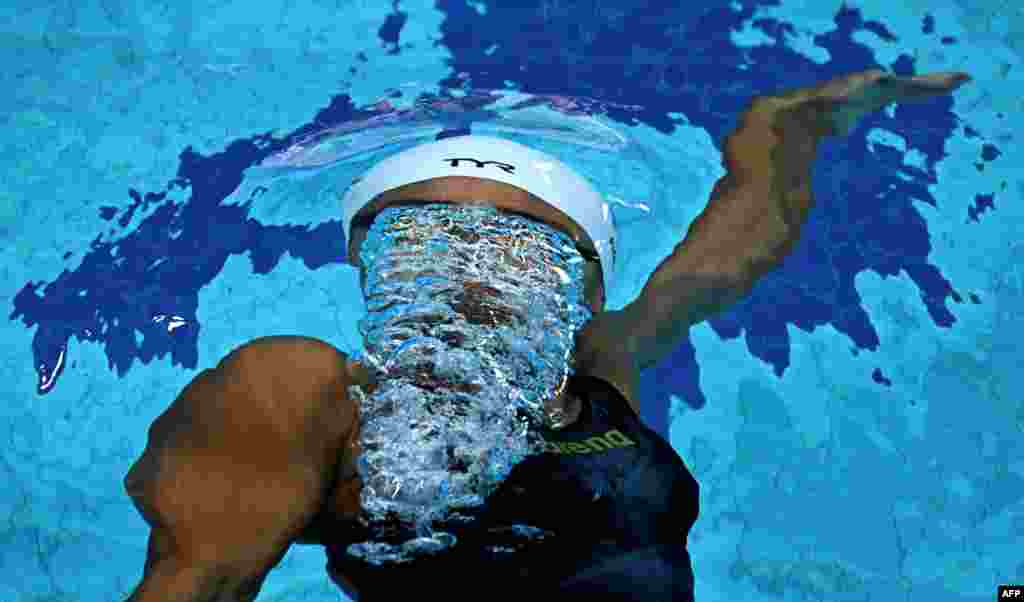 Analia Pigree of France competes in a heat for the women&#39;s 50m backstroke during the Budapest 2022 World Aquatics Championships at Duna Arena in Budapest, Hungary.