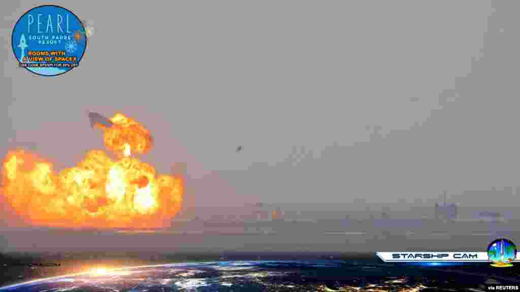 SpaceX Starship SN10 explodes after liftoff at South Padre Island, Texas, March 3, 2021, in this still image taken from a social media video. (SPADRE.COM &ndash; TWITTER @SPACEPADREISLE)