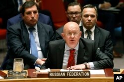 Russia's U.N. Ambassador Vassily Nebenzia addresses the United Nations Security Council, at U.N. headquarters, Sept. 17, 2018.