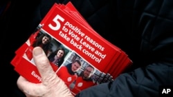 Photo d'archives: Un militant pro-Brexit distribue des tracts à la gare de Liverpool Street à Londres.
