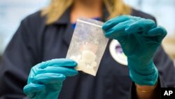 资料照：位于维吉尼亚州斯特林的美国缉毒署特别测试和研究实验室展示的一小袋被收缴的4-氟异丁基芬太尼(2016年8月9日)