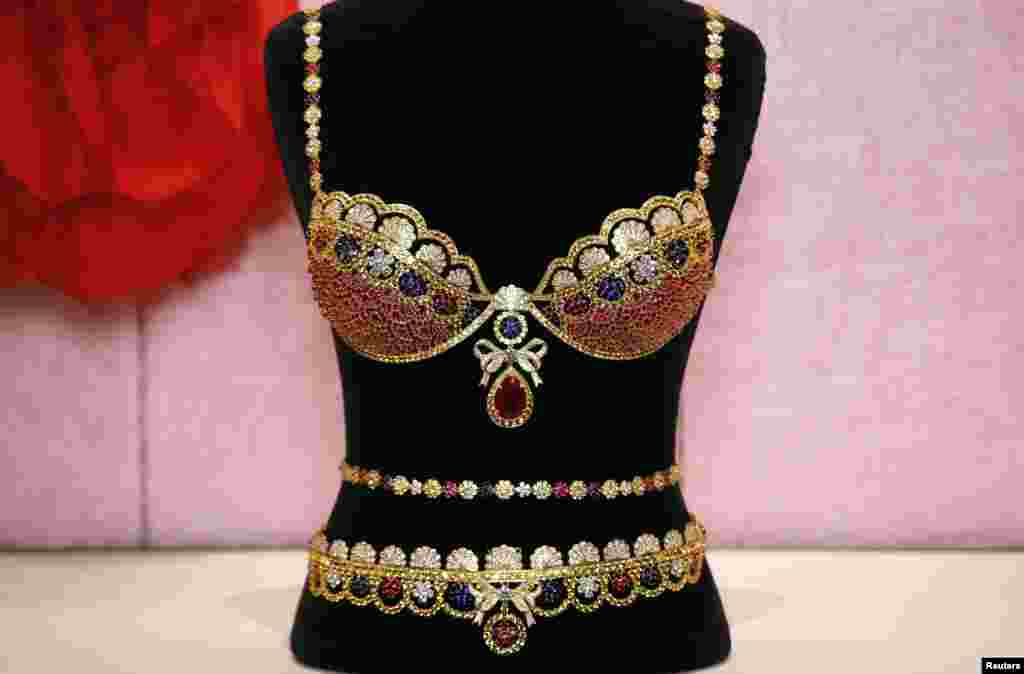 The Victoria's Secret Royal Fantasy Bra gift set, valued at $10 million is seen during a photo opportunity at the Victoria's secret store in New York City. Designed by Mouawad the set is adorned with over 4,200 precious gems featuring a pear shaped center ruby weighing 52 carats. The set will be worn by model Candice Swanepoel during the Victoria's Secret Fashion show in New York on Dec. 10.