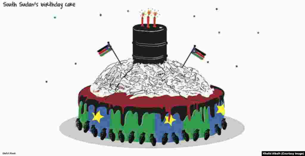 Un gâteau d'anniversaire en bande dessinée par le caricaturiste Khalid Albaih soudanais à l'occasion du troisième anniversaire de l'indépendance du Sud-Soudan le 9 Juillet 2014.