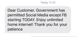 A message from service providers to consumers after the Ugandan government restored access to social media websites. (Screenshot)