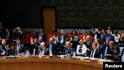 Les membres du Conseil de sécurité des Nations unies lors d'un vote à l'ONU, New York, le 24 février 2018.
