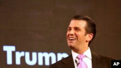 Donald Trump Jr, the eldest son of US President Donald Trump, speaks at a Global Business Summit in New Delhi, India, Friday, Feb. 23, 2018. 