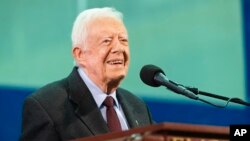 FILE - Former President Jimmy Carter is seen during the annual Carter Town Hall held at Emory University, in Atlanta, Georgia, Sept. 18, 2019.
