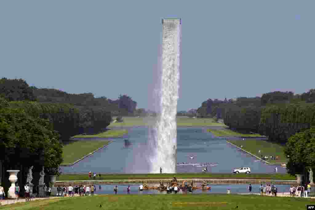 "Waterfall" installation by Danish artist Olafur Eliasson in the gardens of the Chateau de Versailles, southern Paris, France.