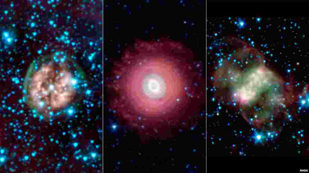 Tiga gambar yang dikirim oleh teleskop antariksa Spitzer milik NASA, menunjukkan sisa-sisa awan akibat kematian bintang yang disebut Nebula. Nebula adalah awan antarbintang yang terdiri dari debu, gas, dan plasma. (Foto: NASA). 