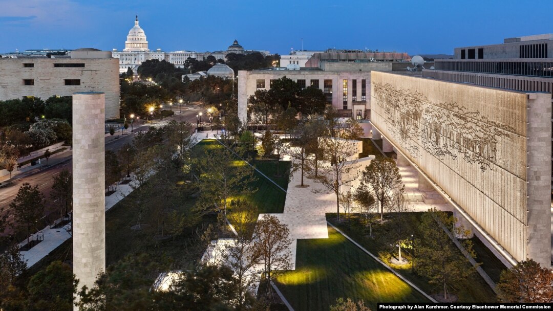View of the Eisenhower Memorial at Night (Photograph by Alan Karchmer. Courtesy Eisenhower Memorial Commission)