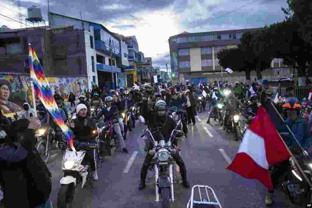 Anti-government demonstrators participate in a motorcycle caravan in Juliaca, Peru, Jan. 30, 2023.&nbsp;The protesters are seeking immediate elections, President Dina Boluarte&#39;s resignation, closure of the Congress and the release of former president Pedro Castillo, who was ousted and arrested for trying to dissolve Congress in December.
