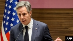 US Secretary of State Antony Blinken speaks during a joint press conference with Qatar's Foreign Minister in Doha on October 24, 2024.