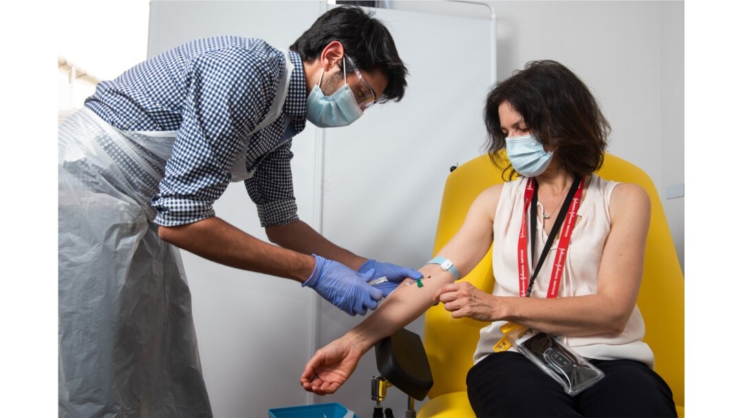 In this undated photo from the University of Oxford, a volunteer received a coronavirus vaccine developed by AstraZeneca and Oxford University, in Oxford, England. (University of Oxford/John Cairns)