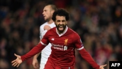 Mohamed Salah célèbre son but contre le Spartak Moscou, Angleterre, le 6 décembre 2017.