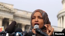FILE - U.S. Representative Ilhan Omar participates in a news conference at the U.S. Capitol in Washington, Feb. 7, 2019.