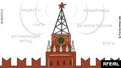 Visoki ruski zvaničnici i proruski mediji nastojali su da iskoriste strah i zbrku koji prate pandemiju – stvaranjem i širenjem teorija zavjere, ukazano je u izvještaju; (Foto: RFE/RL/karikatura Evgenija Olinika)