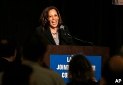 U.S. Sen. Kamala Harris, a candidate for the 2020 Democratic presidential nomination, addresses labor leaders at the California Labor Federal and State Building and Construction Trades Council Legislative Conference Dinner, April 1, 2019, in Sacramento, California.