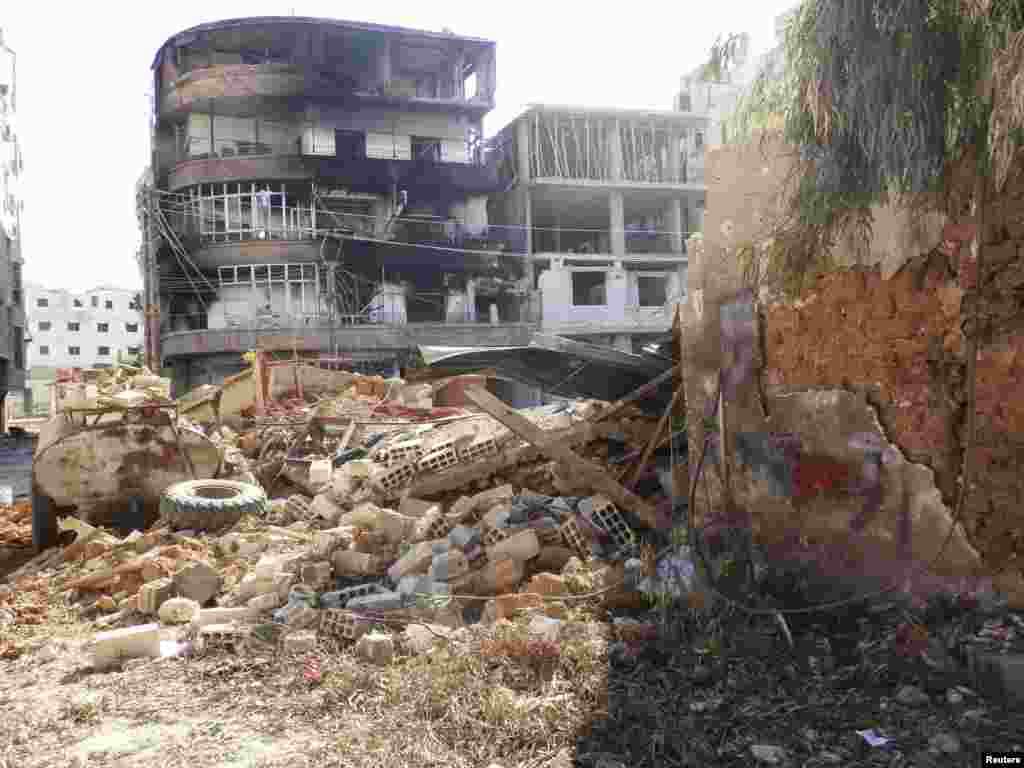Rubble and damaged buildings in Daraya after what activists said was shelling by forces loyal to Syria's President Bashar al-Assad, Feb. 4, 2013. (Shaam News Network)