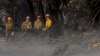 Firefighters clear trees off the road in the Palisades Fire zone in the Pacific Palisades neighborhood of Los Angeles, California, Jan. 17, 2025.