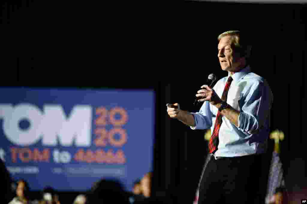 Democrat Tom Steyer addresses the crowd at his election-eve rally the night before the South Carolina presidential primary on Feb. 28, 2020, in Columbia, S.C.
