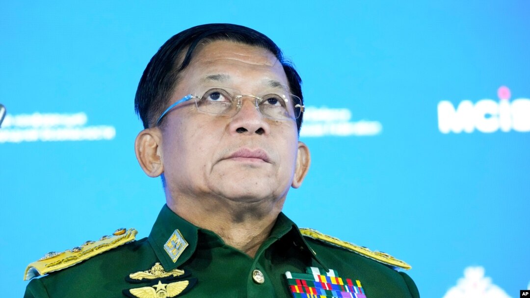 Commander-in-Chief of Myanmar's armed forces, Senior General Min Aung Hlaing delivers his speech at the IX Moscow conference on international security in Moscow, Russia, Wednesday, June 23, 2021. (AP Photo/Alexander Zemlianichenko, Pool)
