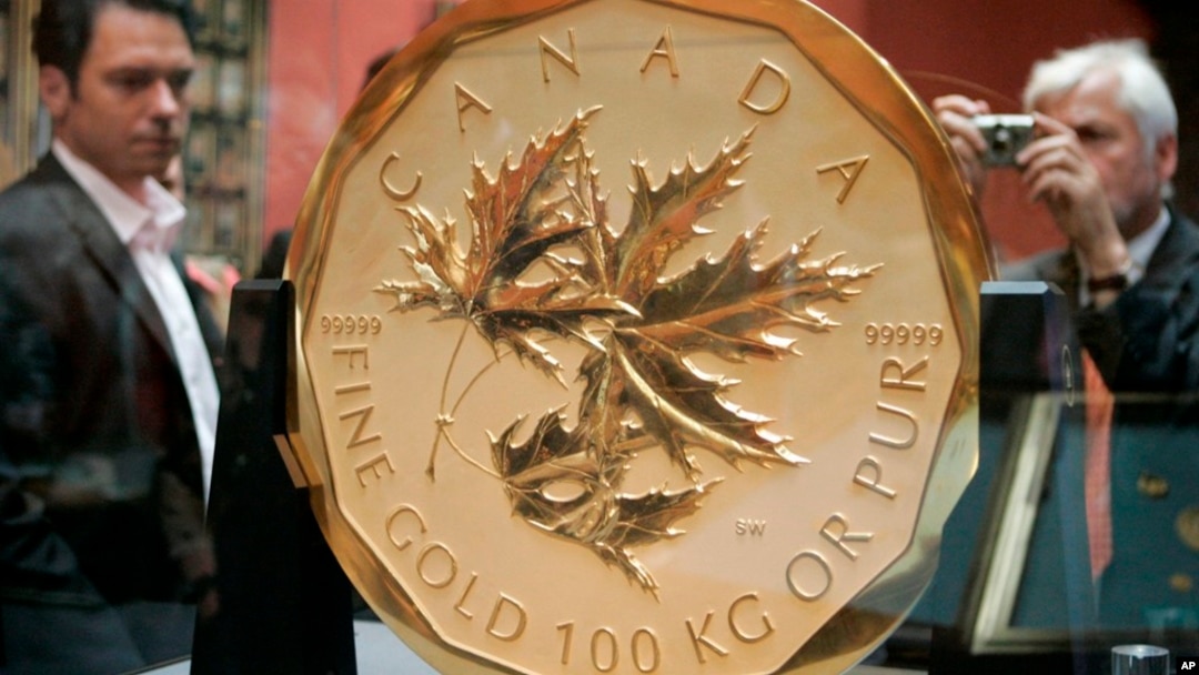 Visitors take a look at the world's biggest and most expensive gold coin, the "Canadian Maple Leaf", on Wednesday, May 28, 2008, at Vienna's art history museum. A similar coin was stolen in Berlin this week.