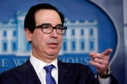 FILE - Treasury Secretary Steven Mnuchin speaks about the coronavirus in the James Brady Press Briefing Room at the White House, April 13, 2020, in Washington.