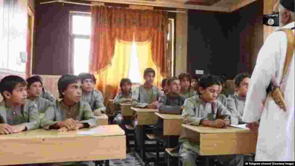 Middle-school students being taught at an Islamic State-run school in Raqqa, Syria. 