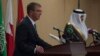 U.S. Secretary of Defense Ash Carter speaks with reporters during a joint news conference with Gulf Cooperation Council Secretary General Abdullatif bin Rashid Al Zayani, right, in Riyadh, Saudi Arabia, April 20, 2016. 