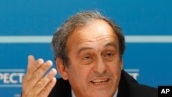 Michel Platini lors d’une conference de presse à Monaco, en aout 2015. 