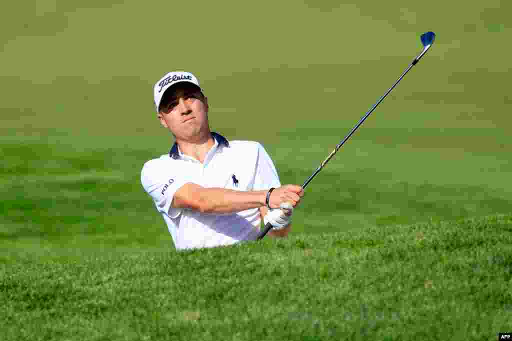 Justin Thomas of the United States takes his shot during a practice round prior to the U.S. Open at Oakmont Country Club in Oakmont, Pennsylvania.