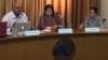 Jerald Joseph left speaks at a briefing on the upcoming ASEAN peoples' forum while Sunsanee Sutthisunsanee, right, listens, April 2, 2015. (Steve Herman/VOA News)