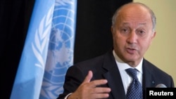 French Foreign Minister Laurent Fabius speaks during a news conference in New York, Sep. 26, 2013.