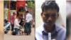 This side-by-side photo shows a police officer, left, pressing his knee on the neck of an alleged drug trafficker Vey Longreach, right. (Courtesy photo of Commissariat of Phnom Penh Municipal Police)