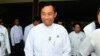 Myanmar's Parliament speaker Shwe Mann leaves after a press conference at the Union Solidarity and Development Party headquarters in Naypyitaw, Myanmar, Aug. 12, 2015.