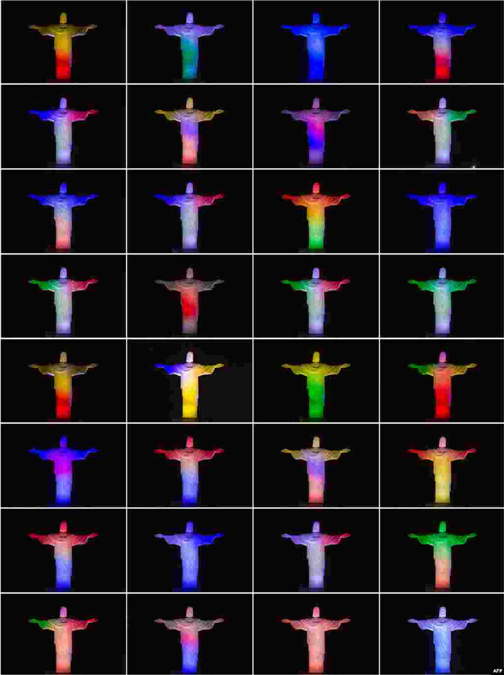 This combination of 32 photos shows the statue of the Christ the Redeemer lit with colors from national flags of all 32 nations participating in the FIFA World Cup Brazil 2014 atop Corcovado hill in Rio de Janeiro, Brazil, on the eve of the event, June 11, 2014.